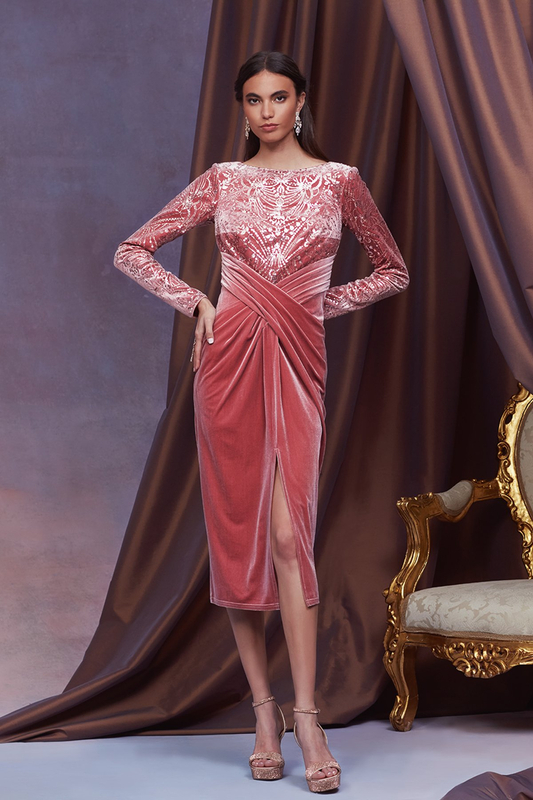 MAUVE PAILLETTE-EMBROIDERED VELVET BOAT NECK LONG SLEEVE CRISSCROSS DRAPED DRESS WITH FRONT SLIT