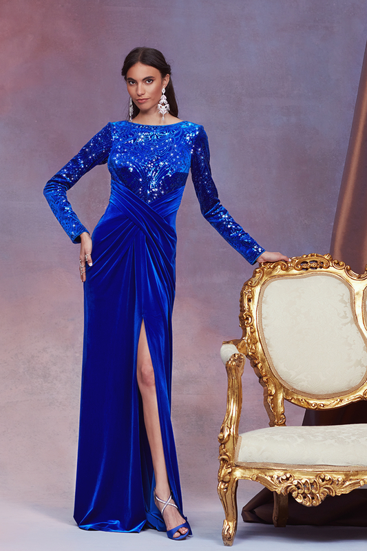 MYSTIC BLUE PAILLETTE-EMBROIDERED VELVET BOAT NECK LONG SLEEVE CRISSCROSS DRAPED GOWN WITH FRONT SLIT