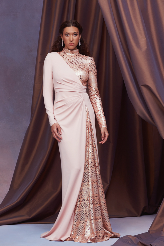 PALE PINK PATCHWORK PAILLETTE-EMBROIDERED TULLE AND TEXTURED CREPE MOCK NECK LONG SLEEVE ASYMMETRIC DRAPED GOWN