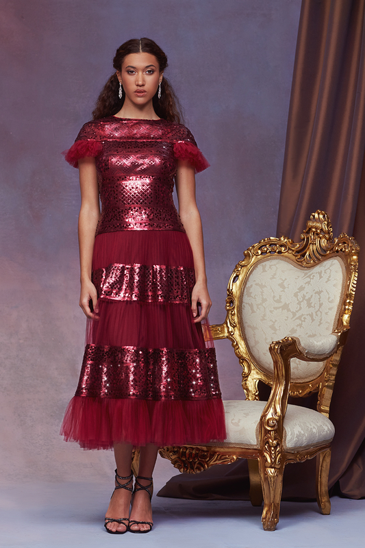 POMEGRANATE PATCHWORK PAILLETTE-EMBROIDERED TULLE AND CRYSTAL-PLEATED TULLE SHORT SLEEVE TIERED MIDI DRESS 