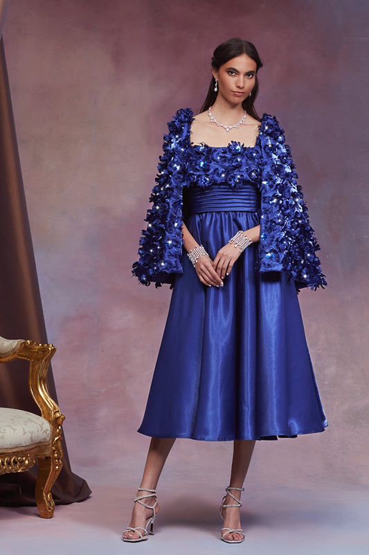 NIGHT BLUE BARONET SATIN FLOWER CAPE SLEEVE FULL-SKIRTED MIDI DRESS 