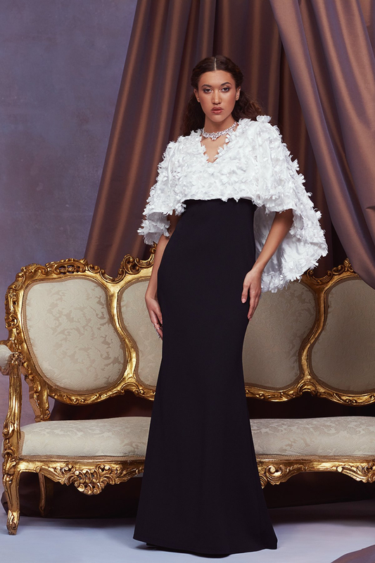 IVORY/BLACK TEXTURED CREPE GOWN WITH BARONET SATIN FLOWER V-NECK HIGH-LOW OVERLAY