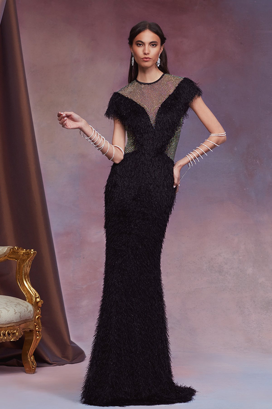 BLACK EYELASH YARN AND DIAMANTE TULLE V-PLUNGE ILLUSION CAP SLEEVE GOWN