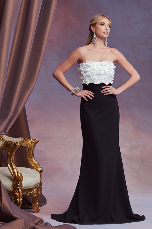 IVORY/BLACK BARONET SATIN FLOWER AND TEXTURED CREPE STRAPLESS GOWN
