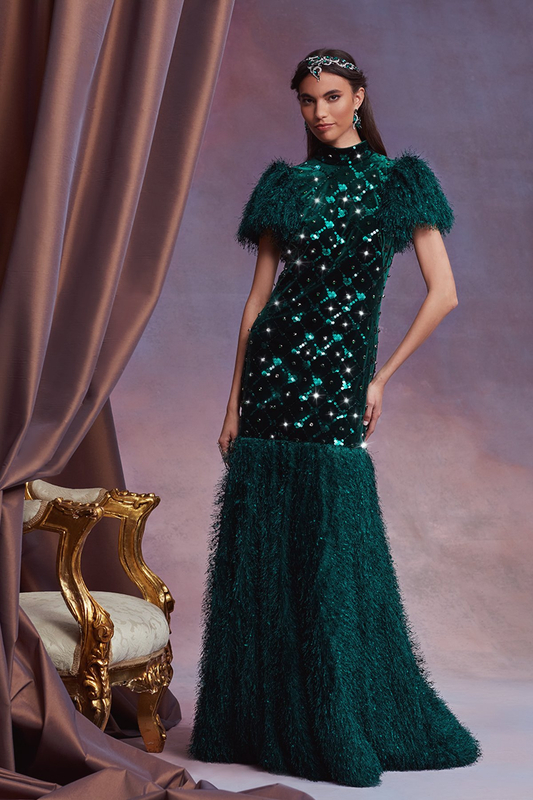 FOREST GREEN GEM AND PAILLETTE EMBELLISHED VELVET AND EYELASH YARN MOCK NECK FLUTTER SLEEVE GOWN