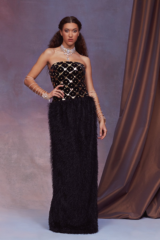 GOLD/BLACK GEM AND PAILLETTE EMBELLISHED VELVET AND EYELASH YARN STRAPLESS GOWN