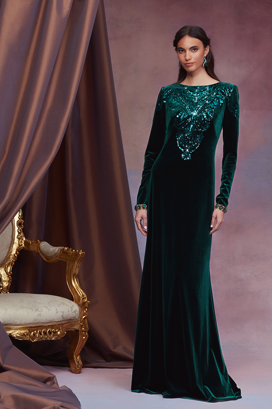 FOREST GREEN PAILLETTE-EMBROIDERED VELVET BOATNECK LONG SLEEVE GOWN
