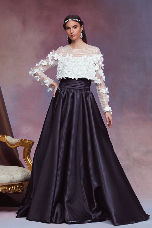 IVORY/BLACK BARONET SATIN FLOWER AND DIAMANTE TULLE ILLUSION LONG SLEEVE FULL-SKIRTED GOWN