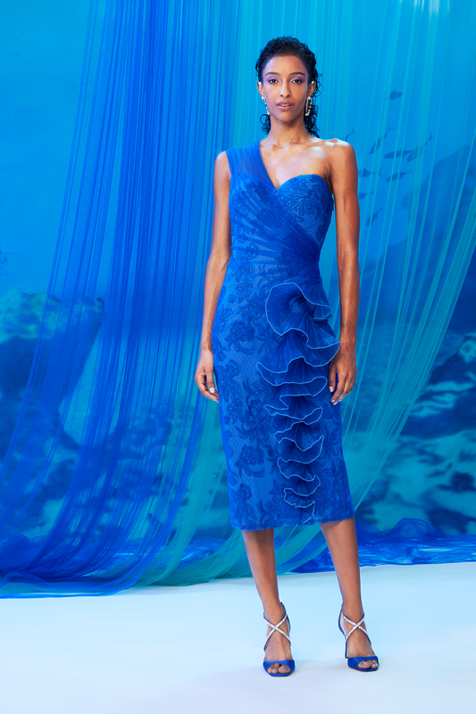 PACIFIC BLUE  DRAPED TULLE LAYERED OVER TIDAL FLOWER EMBROIDERY ONE SHOULDER DRESS WITH SEA SPRAY FLOUNCE