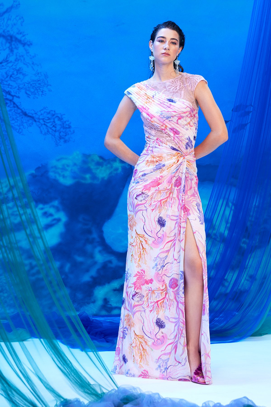 PALE PINK UNDER-THE-SEA WATERCOLOR PRINT CHIFFON CAP SLEEVE DRAPED GOWN WITH LACE INSETS AND HIGH SLIT 