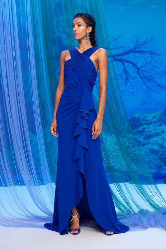 MYSTIC BLUE TEXTURED CREPE CRISSCROSS NECK DRAPED GOWN WITH WATERFALL FLOUNCE AND HIGH-LOW HEM