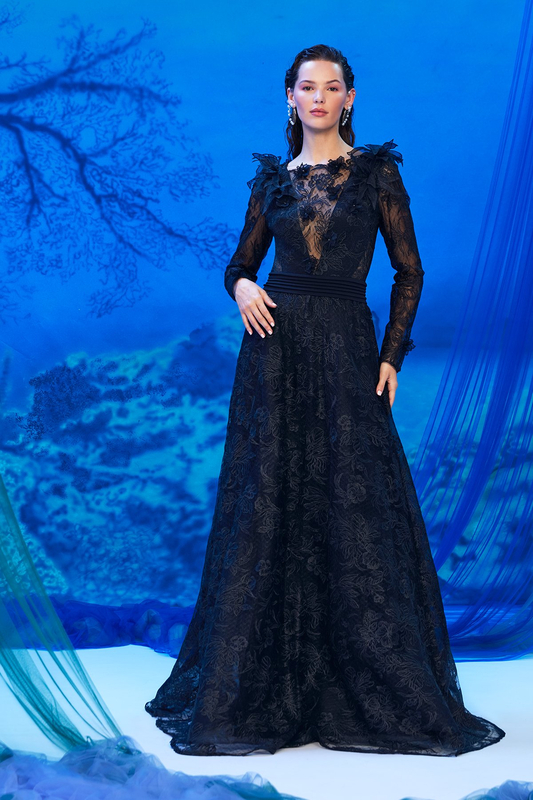BLACK TIDAL FLOWER EMBROIDERED TULLE V-PLUNGE ILLUSION LONG SLEEVE GOWN WITH 3D FLOWER EMBELLISHMENT