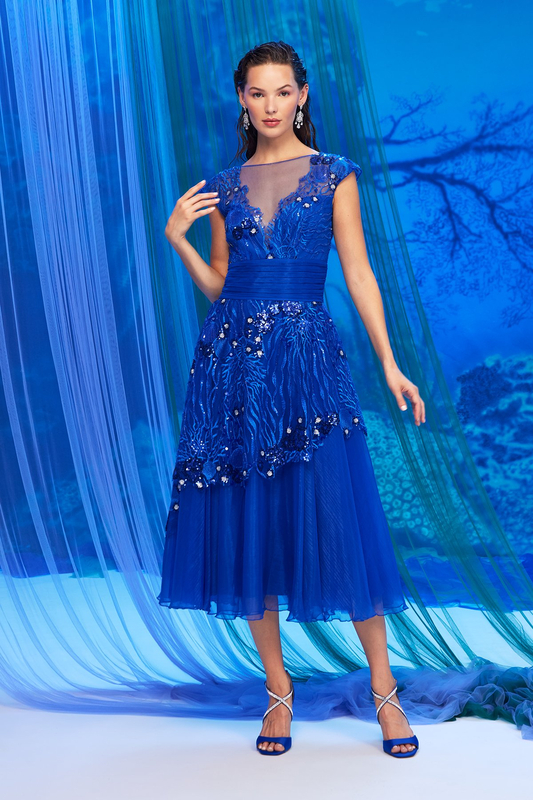 MYSTIC BLUE EMBELLISHED SEA-MOTIF EMBROIDERED TULLE V-NECK ILLUSION CAP SLEEVE TEA-LENGTH DRESS