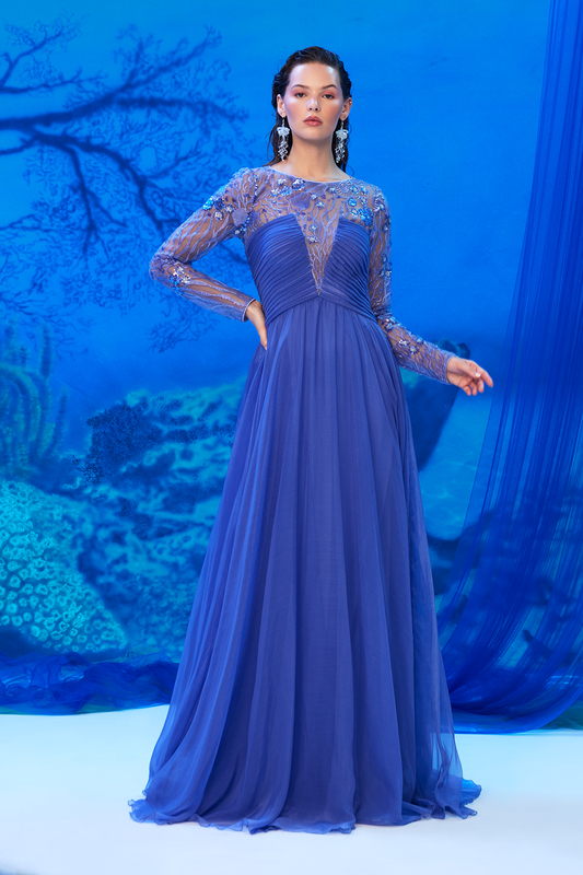 LILAC EMBELLISHED SEA-MOTIF EMBROIDERED TULLE AND FOILED CHIFFON LONG SLEEVE ILLUSION GOWN