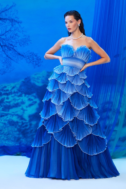 MYSTIC BLUE OMBRE PLEATED FOILED CHIFFON STRAPLESS GOWN WITH SHELL-INSPIRED TIERED SKIRT