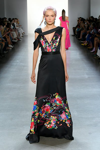 BLACK KIMONO FLORAL PRINT CREPE ASYMMETRICAL DRAPED GOWN