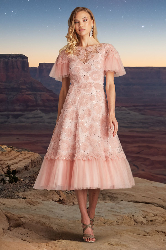 SALE!!TADASHI SHOJI ゴールドドットモスティフカクテルドレス Tadashi Shoji タダシショージ レースイブニングドレス ピンク系