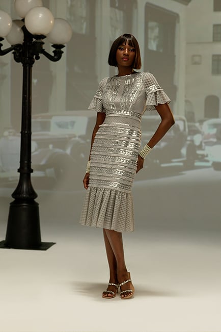 SILVER PAILLETTE AND FRINGE EMBROIDERED TULLE SHORT SLEEVE DRESS 