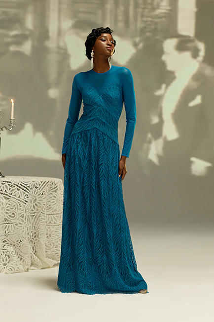 OCEAN BLUE LACE ILLUSION SLEEVE GOWN WITH SCALLOP HEM  