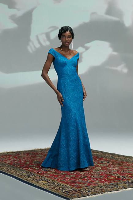 OCEAN BLUE ROSE MOTIF JACQUARD V-NECK SLEEVELESS GOWN WITH ART DECO SEAMS