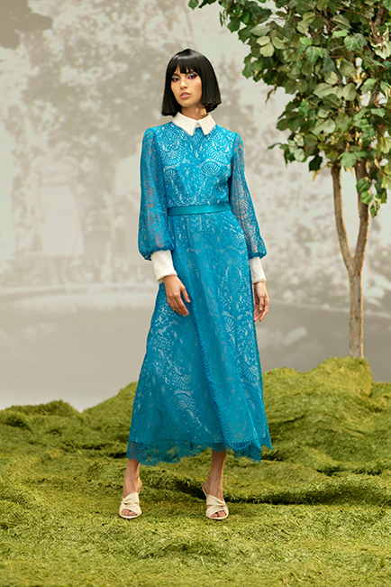 OCEAN BLUE LACE MIDI DRESS WITH CONTRAST COLLAR 